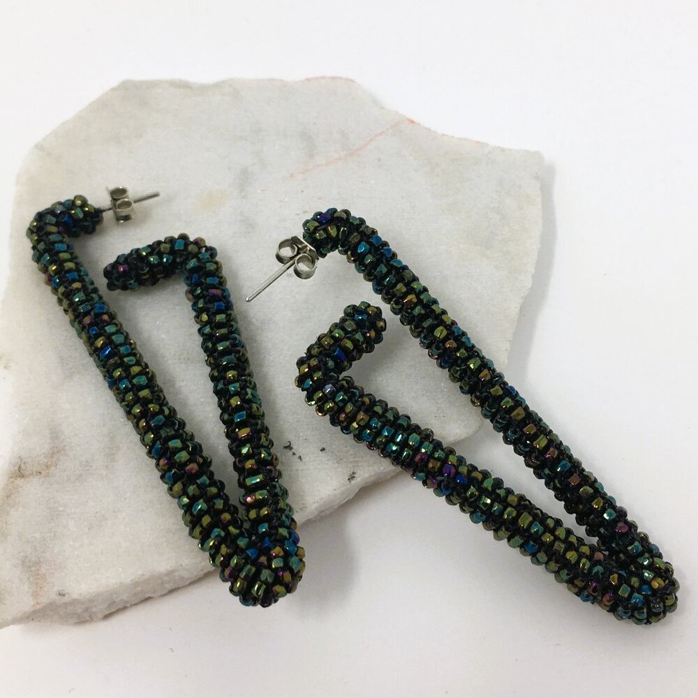 Handmade Vintage Art Deco Iridescent Green Seed Bead Wrapped Triangular Earrings